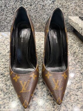 Louis Vuitton Brown Monogram Pointed Pumps with Gold Accents